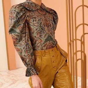 Ulla Johnson Printed Puff-Sleeve Blouse in Sage and brown size 2